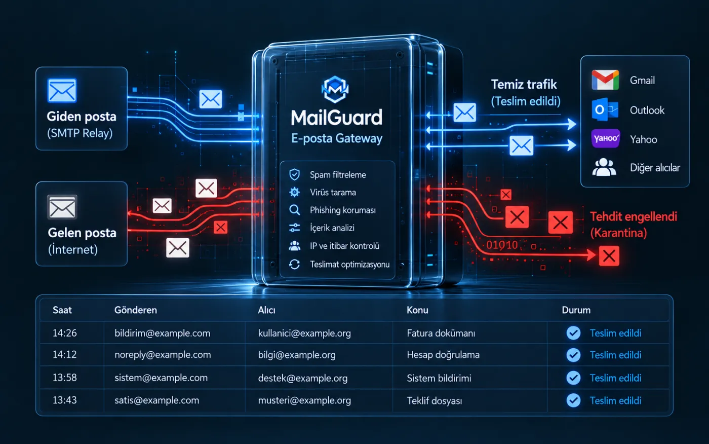 MailGuard e-posta gateway akış diyagramı — giden SMTP relay, gelen filtreleme ve temiz teslimat