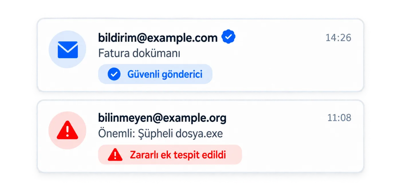 MailGuard e-posta güvenlik kartları — güvenli gönderim ve zararlı ek tespiti örnekleri