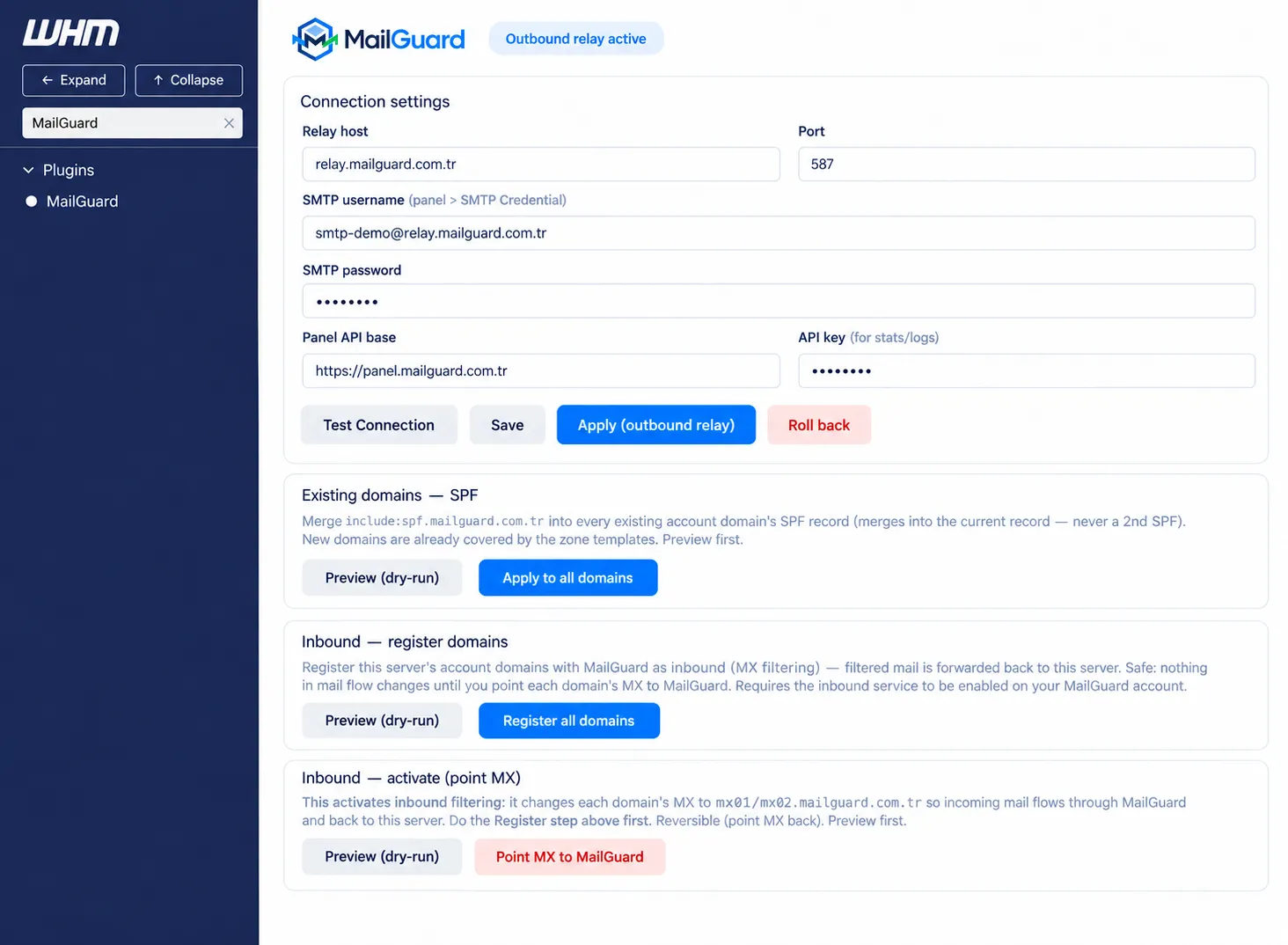 MailGuard WHM modülü ekran görüntüsü — relay ayarları, SPF ve gelen posta yönetimi